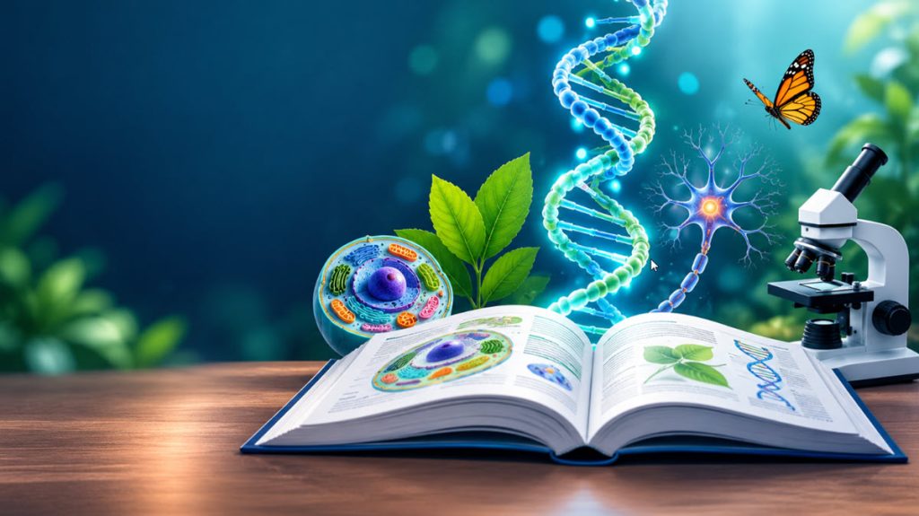 تصویر آموزشی زیست‌شناسی با مدل DNA، یاخته، نورون، برگ و میکروسکوپ