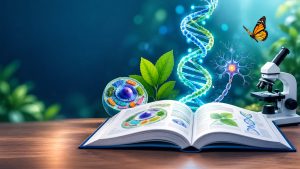 تصویر آموزشی زیست‌شناسی با مدل DNA، یاخته، نورون، برگ و میکروسکوپ